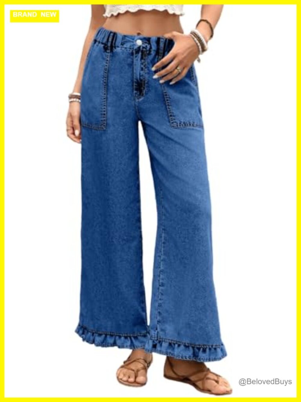 Astylish Wide Leg Jeans Ruffle Hem High Waist Pull On Denim Pants